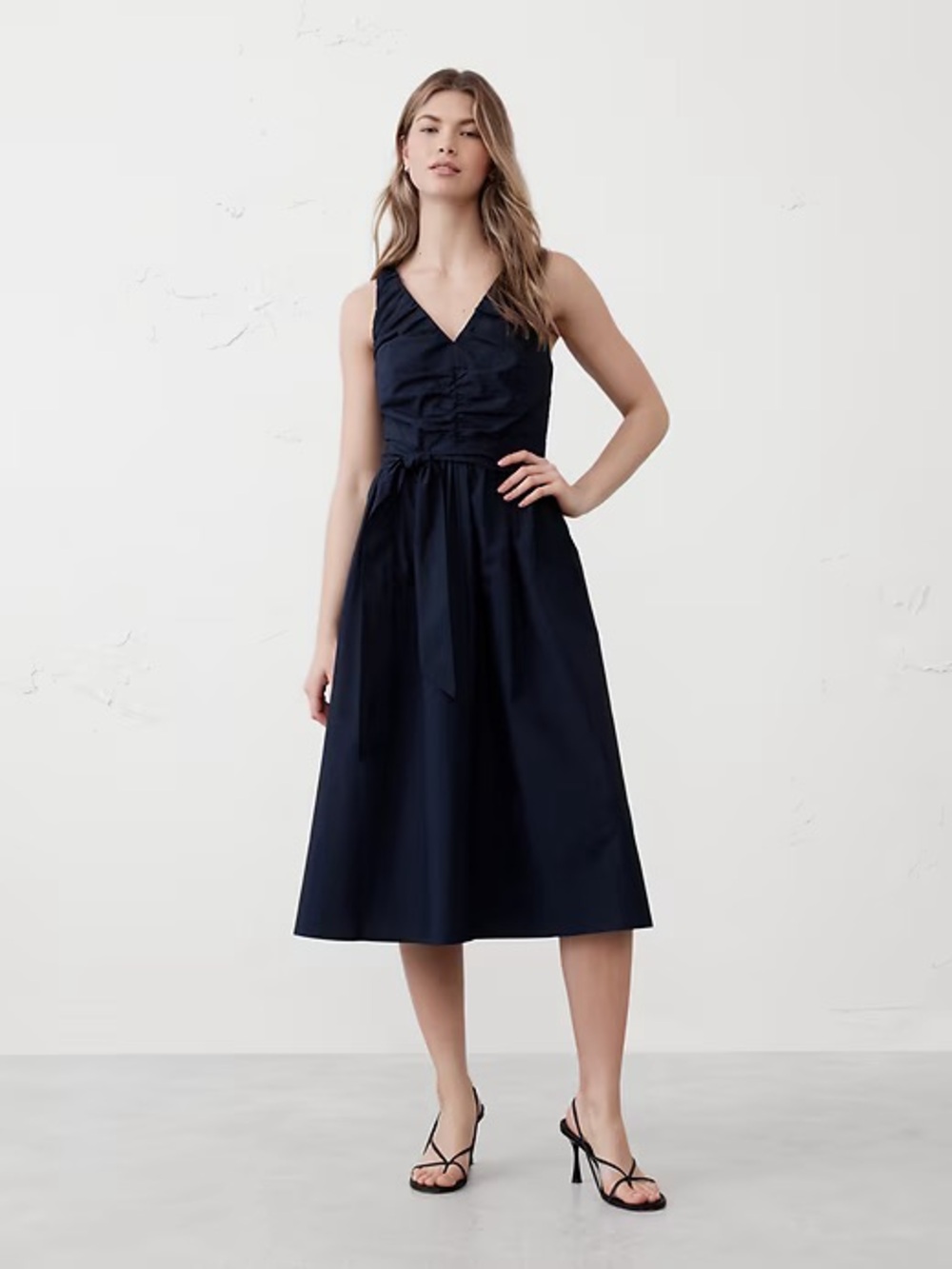 Banana Republic Factory Navy Poplin Shirred Midi Dress with Waist Tie